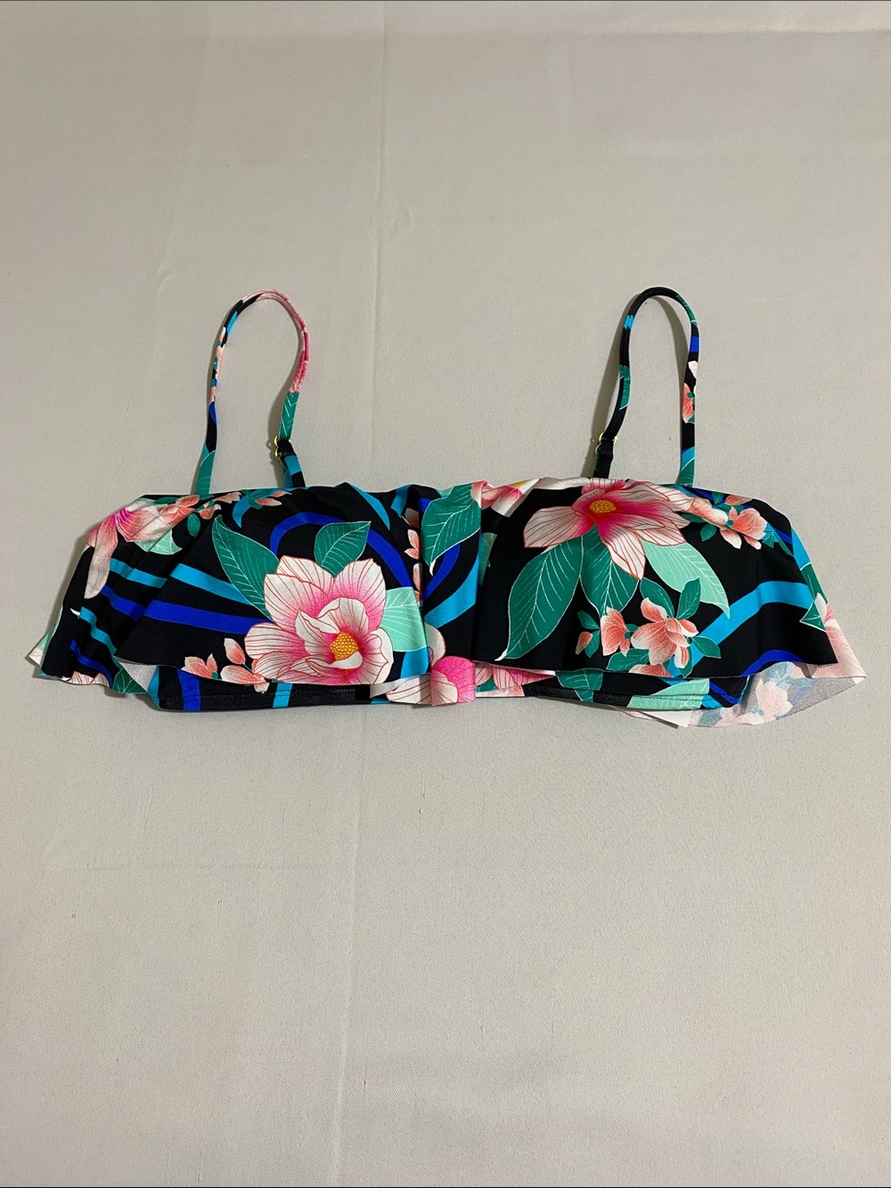 LA BLANCA Nightfall Bandeau Ruffle Bikini Top w Tropical Flowers Size 8